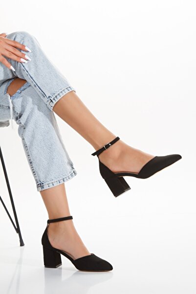 SEFERİ Black Suede Women's Low Heeled Classic Thick Heeled Comfortable Shoes ...