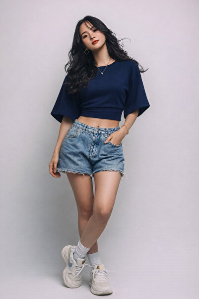 COMBİNE MİCHAİL Women's Summer Short Sleeve Navy Blue Crop Blouse