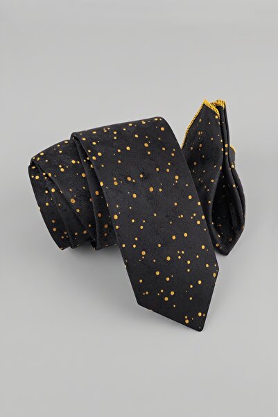 Milleniva Night Patterned Black Gold Tie & Handkerchief