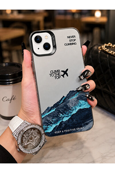 Caseji iPhone 13 Uyumlu Dağ Temalı Lüx Hassas Tuşlu Metalize Telefon Kılıfı M...