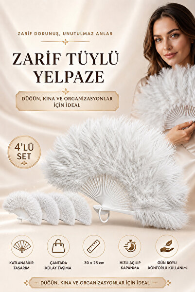 ALFAGİFT 4 Adet Beyaz Kuş Tüyü Yelpaze Dekoratif El Yelpazesi Gelin Nişan Kın...