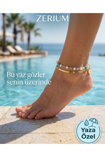 ZERİUM Yeni Trend Kadın Çelik Halhal Çift Sıra İtalyan Zincir ve Turkuaz Renk...