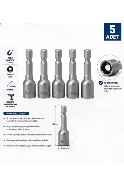 SARA S825 Manyetik Somun Cıvata Sıkma Sökme Adaptörü 10 mm Mıknatıslı 10x45 m...