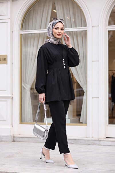Modamorfo Stoned Buttoned Elastic Sleeve Double Trouser Suit - Black