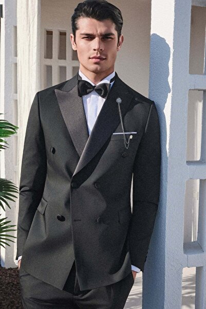 İmza Siyah Kılıç Yaka Düz Desen 6 Drop Slim Fit Esnek Takım Elbise 1001260203