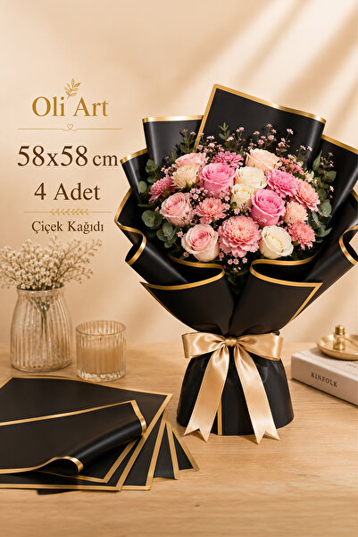 OLİ Art Çiçek Ambalaj Kağıdı Siyah Altın Kenarlı 4 Adet Yapay Çiçek Kuru Çiçe...