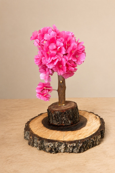 Yaden Flower Dekoratif Yapay Ağaç Gerçek Ahşap Kütük Saksılı - Pembe