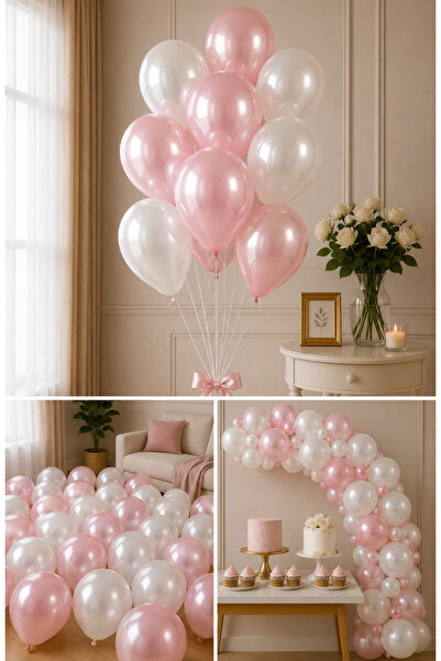 Parti dolabı 10 Metallic Pink and White Balloons (5 Light Pink, 5 White Ballo...