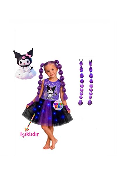 3b kids kuromi kostüm elbise ışıklı kostüm penye elbise kuromi babble saç per...
