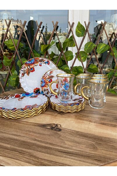 GÜRCÜGLASS Çay Keyfi Beyaz Çiçek 18 Prç Kulplu Set