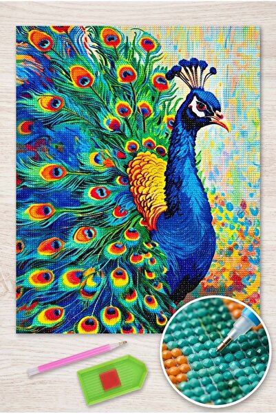 LİVA CRAFT Art & Craft Elmas Mozaik Tablo, 50x40cm Tavus Kuşu Boncuk Yapıştır...