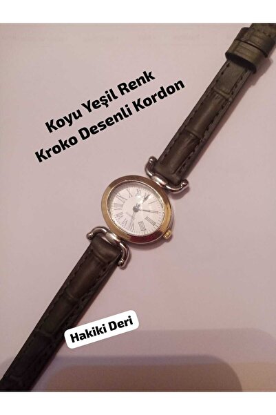 KOMBİNOLOJİ تصميم بيضاوي عتيق الطراز، (جلد أصلي) - حزام بلون أخضر داكن، ساعة ...