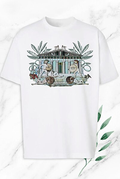 perseusshopping Unisex Λευκό Oversize Mythology Ancient City εμπριμέ μπλουζάκι