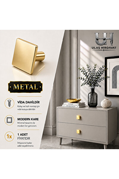 Ulaş Hırdavat METAL Kulp Modern Kare Düğme Kulp Ağır Metal ve Gold Altın Lüks...