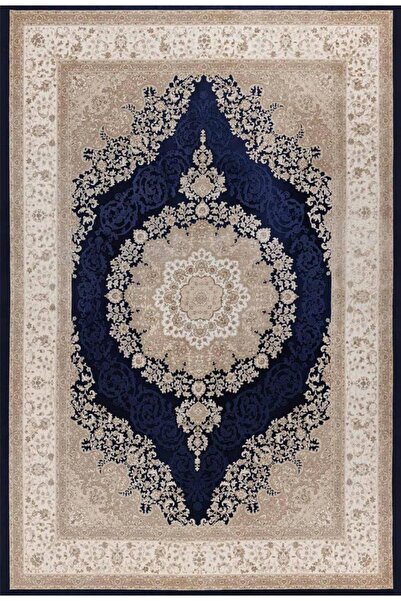 Carpettex Klasik Madalyonlu Lacivert Krem Halı – Zarif Desenli, Şık ve Zamansız Tasarım Dijital Baskı Halı 7