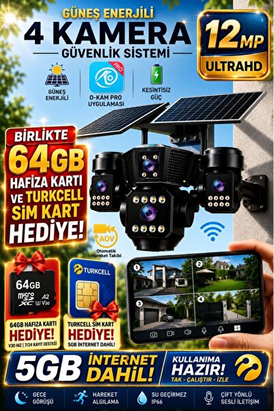O-KAM OK333 64GB Premium Serisi 12MP 4 Kameralı 4G Çift Solar Panel Gece Görü...