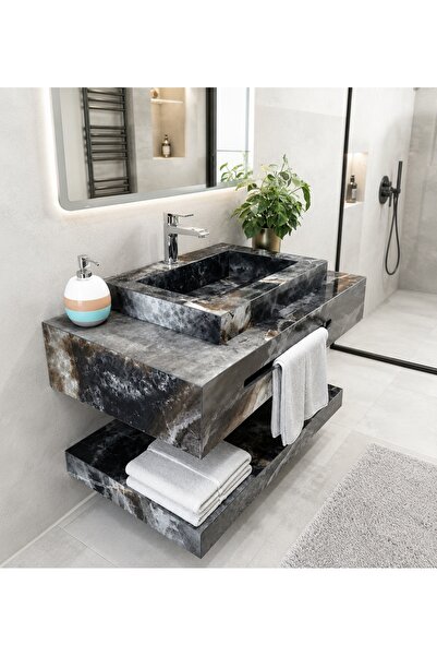 Akay Dizayn Porselen Banyo Lavabosu - Siyahbeyaz L05 -90cm