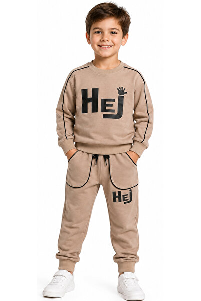 İrem Çocuk Giyim Boy's Tracksuit Set - Hello Text Patterned, Stripe Detailed,...