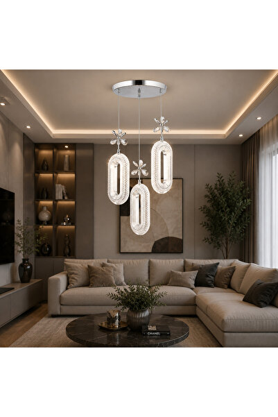 EY-EL TASARIM 3 LÜ DEFNE 3 RENK MODLU KRİSTAL TAŞLI LEDLİ SARKIT AVİZE