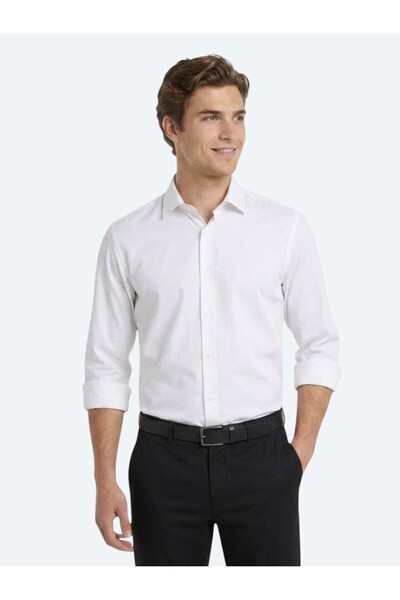 Kip White Plain Regular Fit Long Casual Shirt