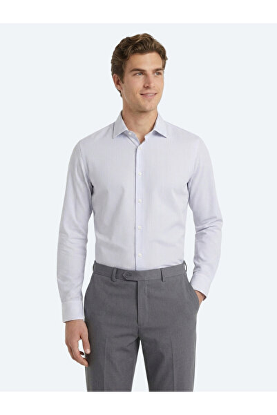Kip Gray Striped Regular Fit Long Woven Casual Cotton Blend Shirt
