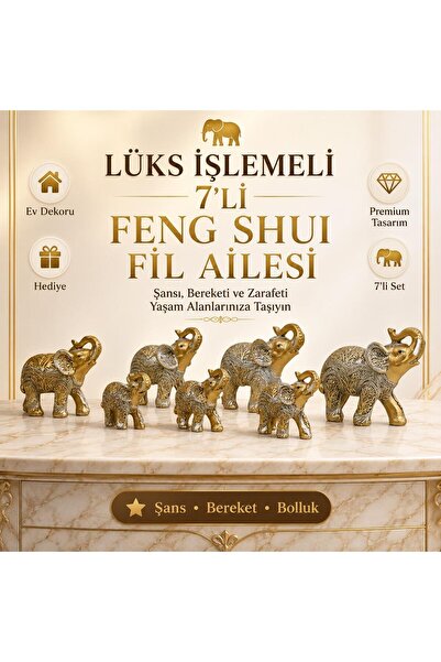 e-life shop Lüks İşlemeli 7'li Feng Shui Fil Biblo Seti Şans Bereket Dekorati...