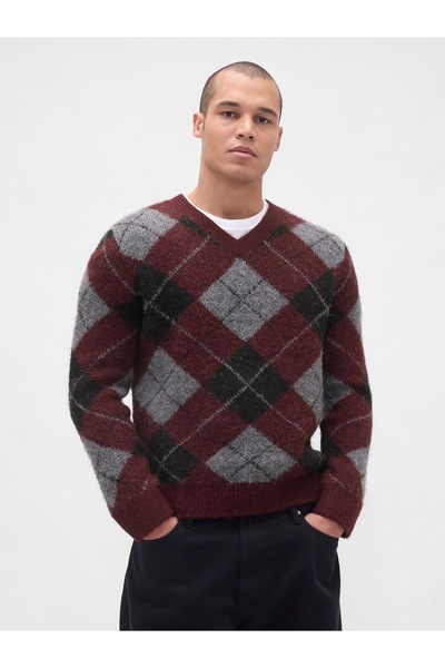 GAP Erkek Bordo Brushed V Yaka Kazak