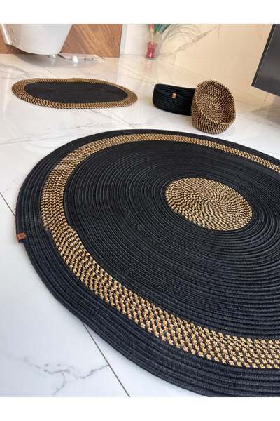 Namteks Jute Straw Black 100X100-40X60 cm Bathroom Set with Mat and Basket, D...