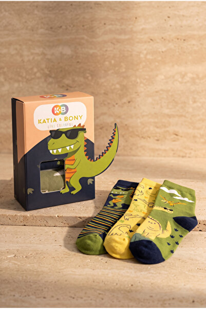 Katia&Bony Çocuk 3D Dinozor Desenli Kutulu 3'lü Soket Çorap