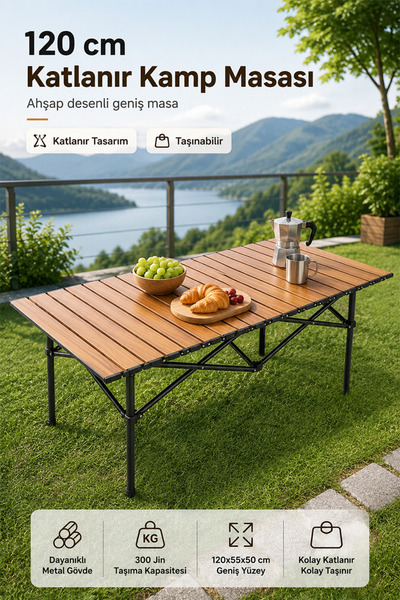 Allmart Katlanabilir metal kamp piknik masası, ahşap desenli, 120x55x50 Cm