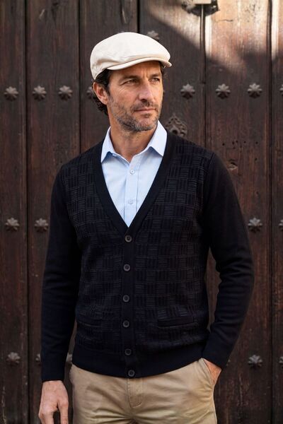 Çizgi Triko Men's Buttoned Black Cardigan with Pockets, Crinkled Steel Knit, ...