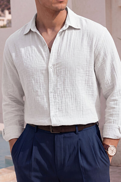 MENOFOURSWEAR Men's Oversize 100% Cotton Premium Quality Muslin Woven Shirt
