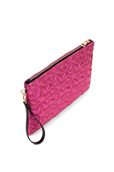 Ecrou Yıldız Desenli Fuşya Parlak Portföy & Clutch Çanta Çıkarılabilir Bileklik Askılı 30 x 19 cm