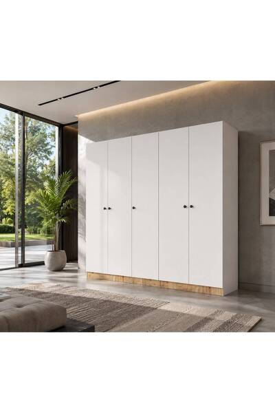Afilli Yıldız 5 Kapaklı 2 Çekmeceli Giyinme Dolabı Tamamı Mdf Led Askılıklı