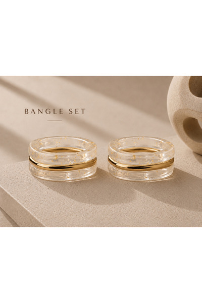 SOLÉORA COAST Gold Leaf Şeffaf Kare Reçine Bangle Bileklik Seti - 3’lü
