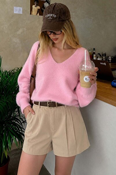 Madmext Pink V-Neck Soft Textured Women's Sweater Mg2499