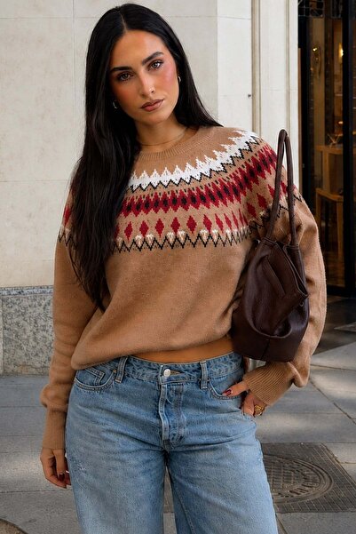 Madmext Mink Color Crew Neck Patterned Women's Knitwear Sweater Mg2502