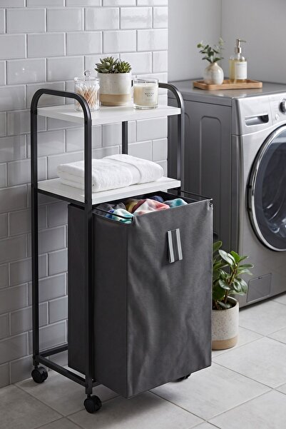 DEHALİMİTED 2 Raflı Frenli Tekerlekli Çamaşır Sepeti Banyo Dolabı Kirli Sepet...