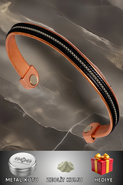 OSMANLI GÜMÜŞ Women's Copper Bracelet - Black Leather Copper Bracelet with Cu...