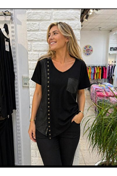 PARKDERİN Plus Size, Soft Textured, Leather-Embellished Blouse