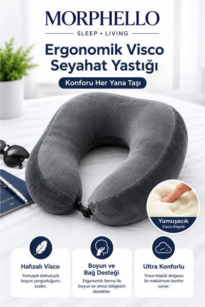 MORPHELLO Ergonomik Visco Seyahat Yastığı – Boyun Destekli Hafızalı Köpük Uça...
