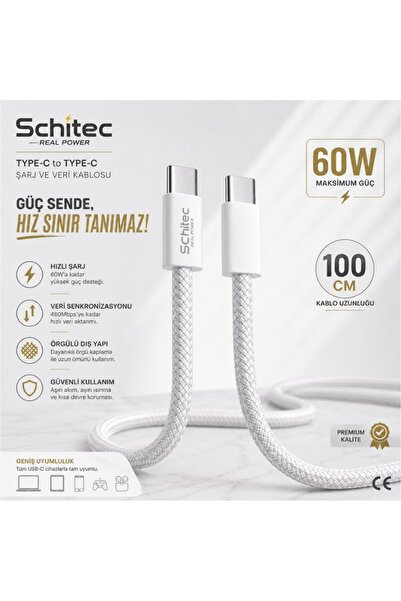 60W Type-C to Type-C Örgülü Data ve Hızlı Şarj Kablosu Telefon, Tablet, Laptop Uyumlu Beyaz SK001