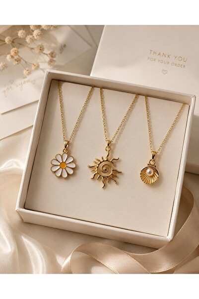 Madam Bikan Gold Renk 3 Lü Deniz Kabuğu Papatya Güneş Set Kombin Kolye