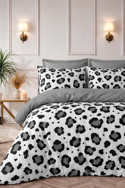 Always Double-Sided Double Duvet Cover Set with Elastic Sheets Leopard White