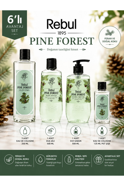 Rebul Pine Forest 6’lı Set: 3x250ml Cam Şişeli Kolonya, 500ml Duş Jeli, 500ml...