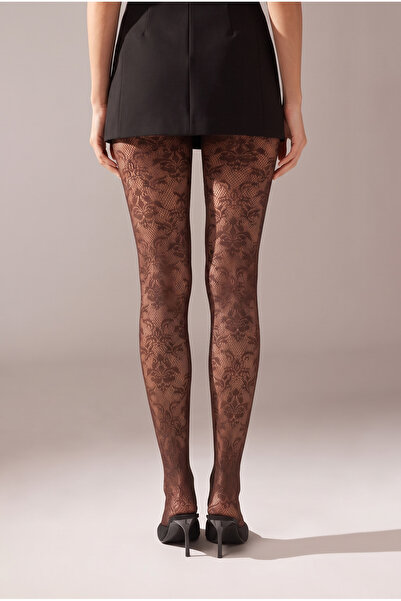Katia&Bony Women's 40 Den Brown Lace Detailed Thin Pantyhose