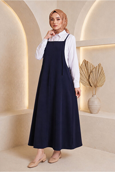 USLULAR Navy Blue Rope Strap Dabıl Fabric Gilet Dress Oversized Hijab Dress w...