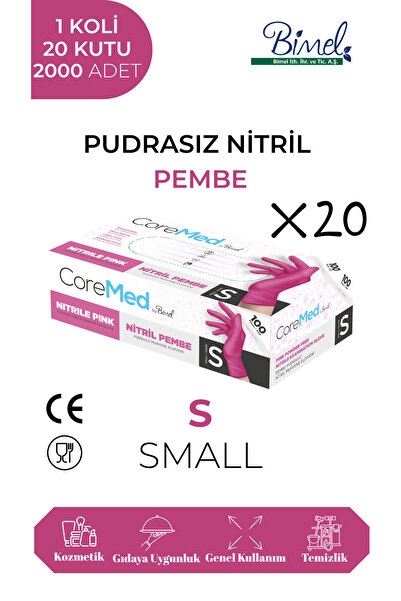 COREMED قفازات فحص النتريل الوردية الخالية من البودرة S - 1 صندوق - 20 عبوة -...