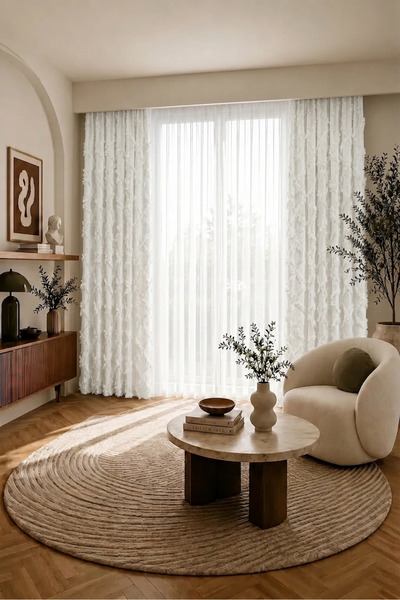 desenizmir White Color, Chenille Fabric Background Curtain, Single Panel 1.20...