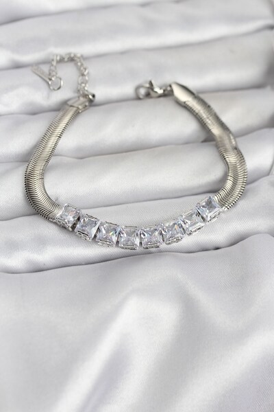 Inure Jewelry سوار نسائي من الفولاذ 316L بلون فضي مع حجر الزركون المربع وسلسل...